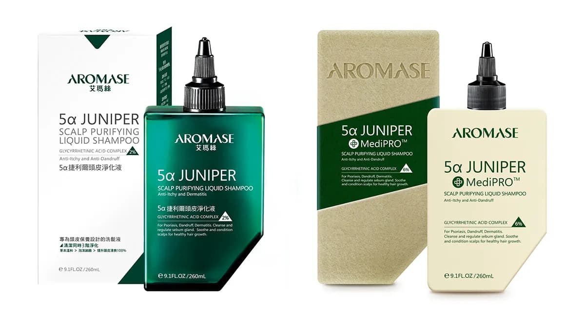 畫面並列兩組盒裝與瓶裝產品，左側為白綠色5α JUNIPER組合，右側為米綠色 MediPRO組合。