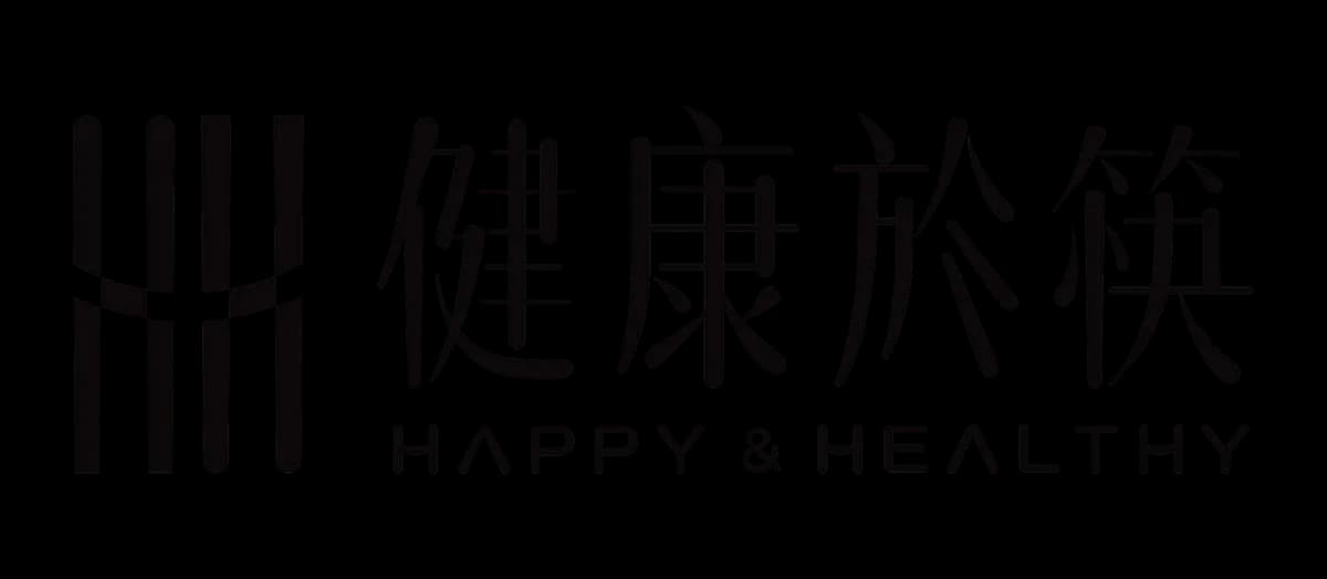 黑色背景中央印有大型中文標誌，下面可見英文 HAPPY & HEALTHY 字樣，整體呈深色浮雕效果。