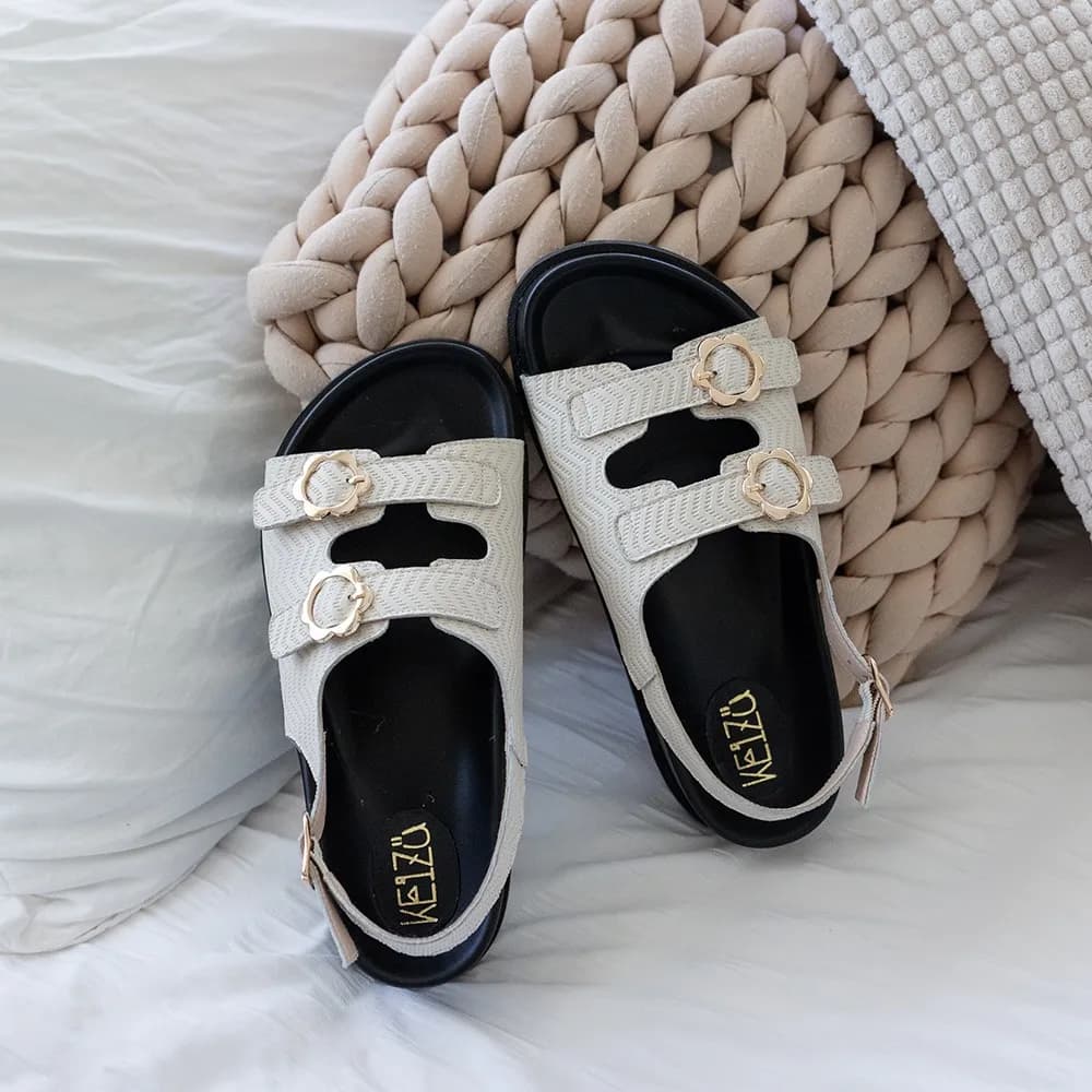 Flower Party Double-Strap Textured Platform Sandals