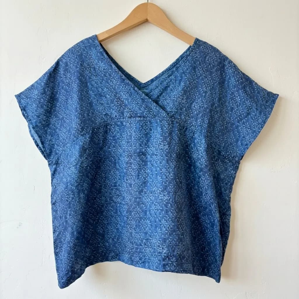 Linen Cross Short Sleeve Top Printed Indigo Dye