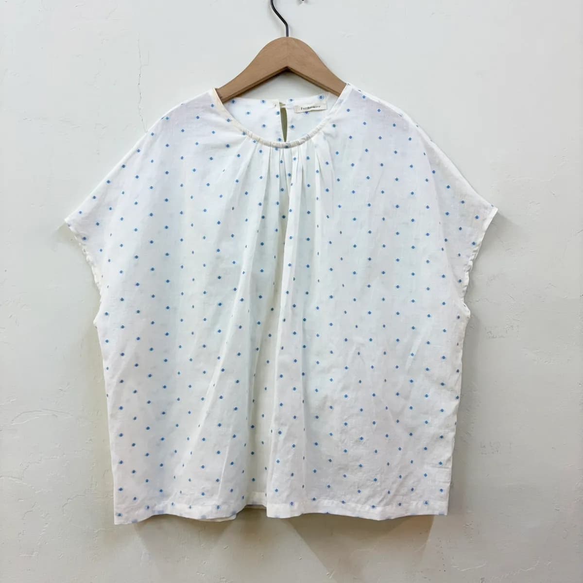 Linen Pleated Short Sleeve Top Blue Dots