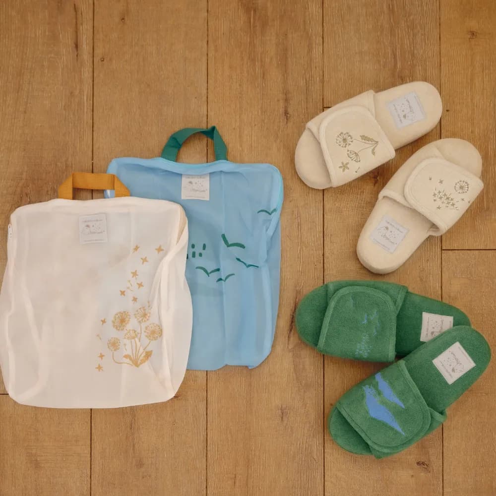 Embroidered Slippers and Washable Shoe Bag Set
