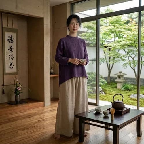 立領落肩手染棉麻上衣衫 W50035