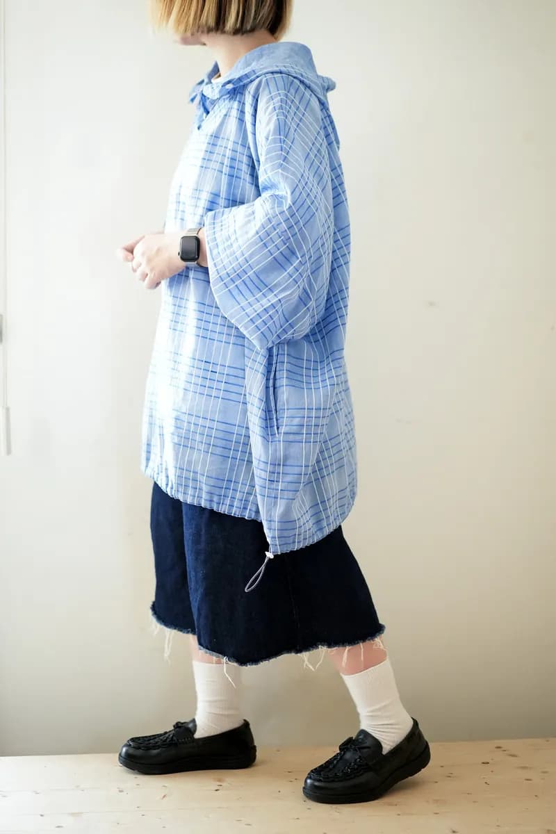 Blue-Green Sheer Check Hooded Top