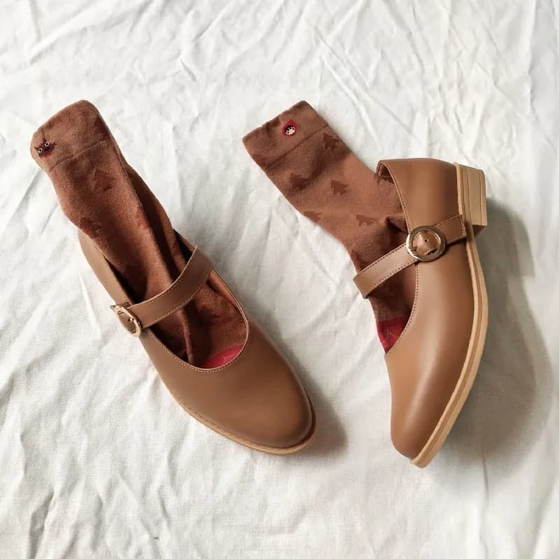 Full Leather Mary Jane Shoes - Caramel Brown