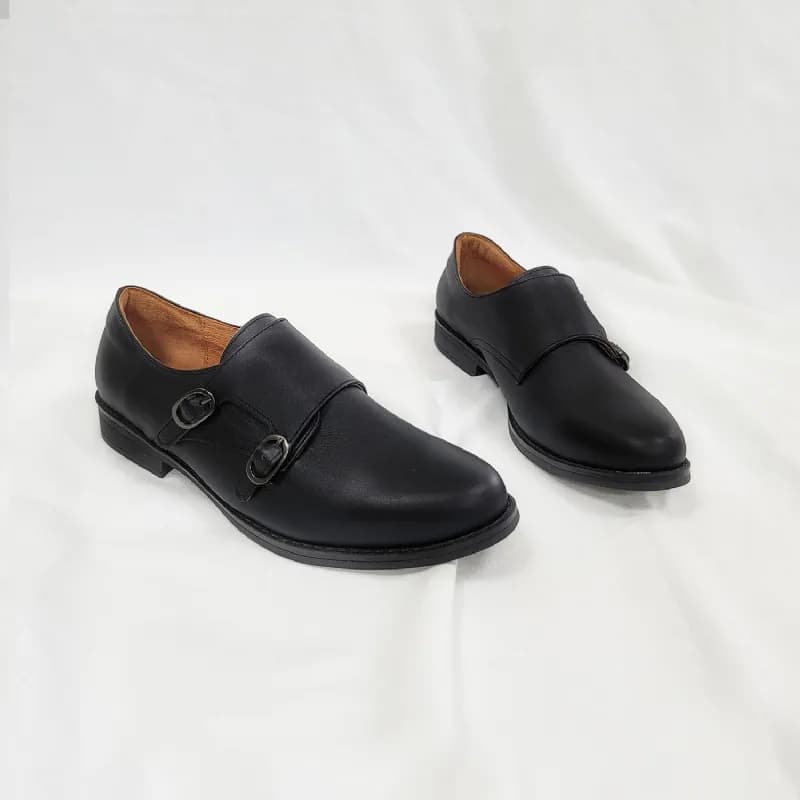Full Leather Double-Buckle Monk Shoes - Black