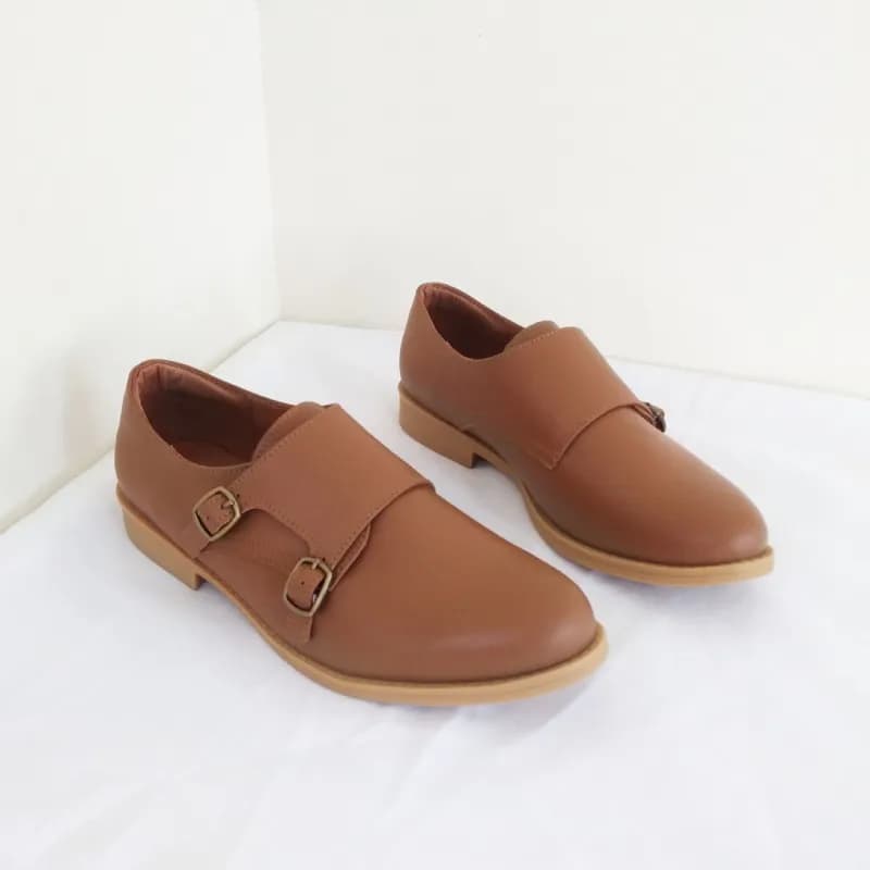 Full-Grain Leather Double-Buckle Monk Shoes - Brown