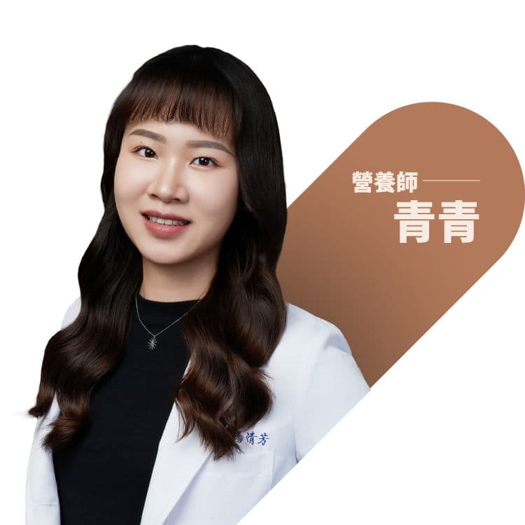 A woman in a white coat with a brown graphic background.