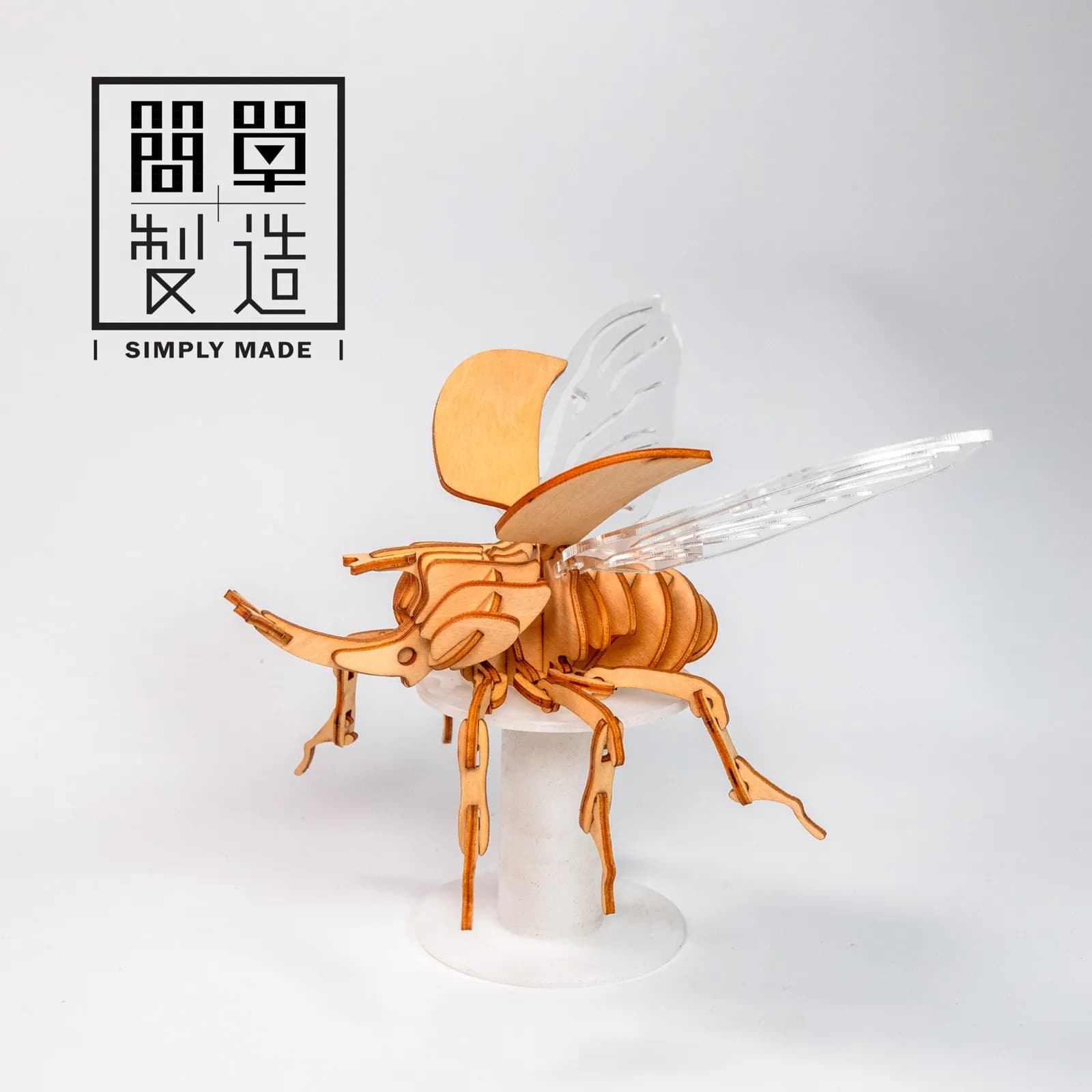 淺棕色木製昆蟲模型以透明支架展示,展開透明翅膀,具觸角、分節身體與六隻足。