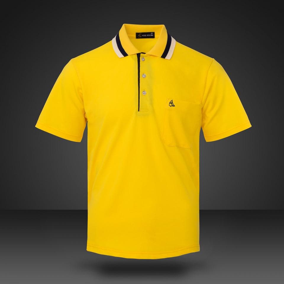 A bright yellow polo shirt with a black and white striped collar and a brand logo on the chest.