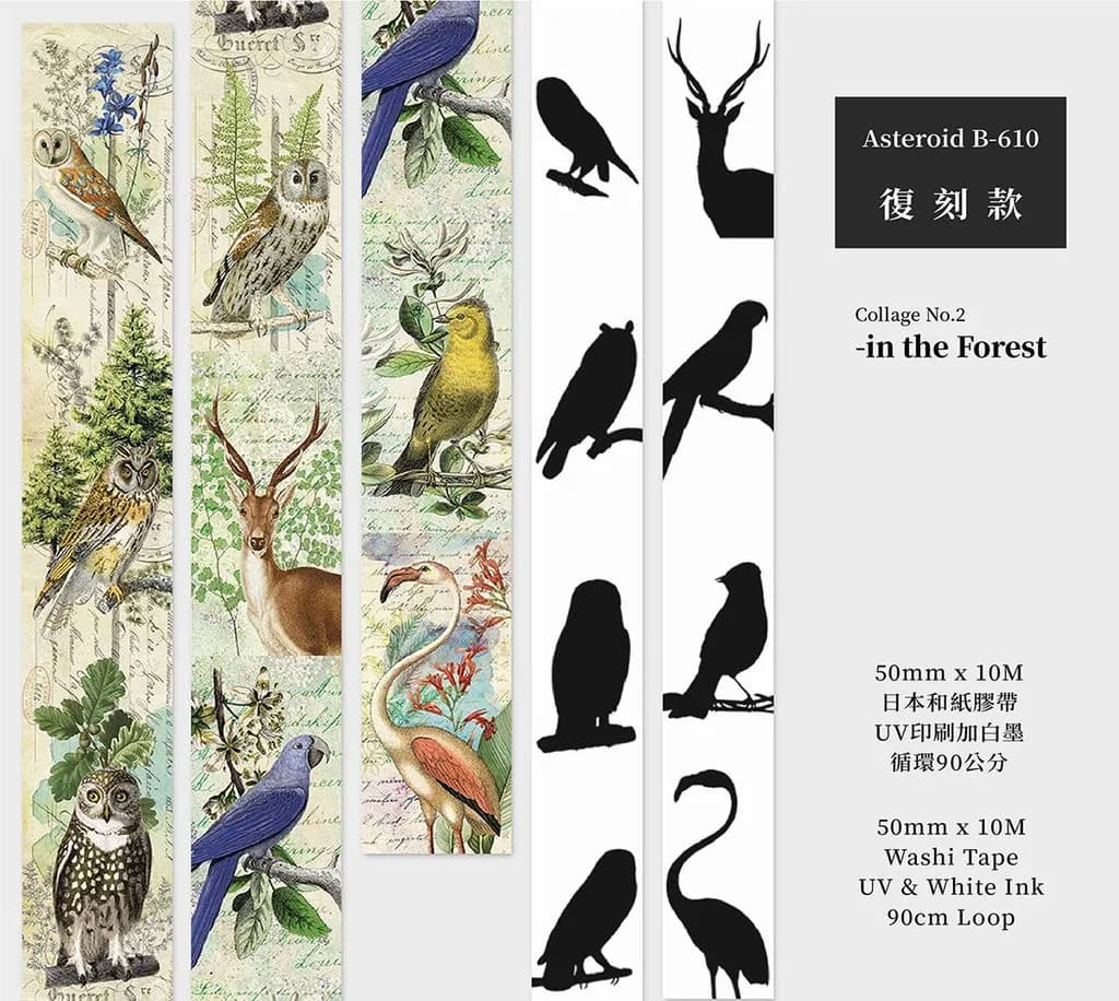 白底展示圖排列森林鳥獸插畫紙膠帶、黑色鳥鹿剪影與包裝文字,右側標示 Asteroid B-610 及尺寸資訊。
