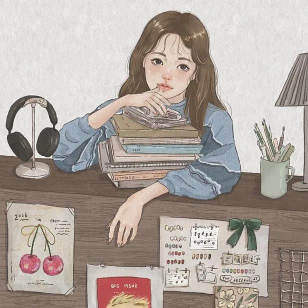 插畫女孩穿藍色上衣趴在木桌前,手臂搭著書堆,桌上有耳機、鉛筆杯、櫻桃圖畫與文具紙張。