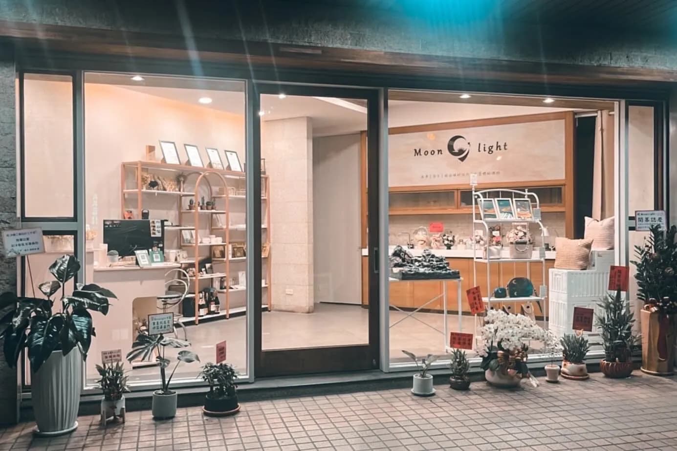 玻璃櫥窗展示「Moon light」店面,室內陳列飾品與架台,門外擺放多盆綠色植物和花卉。