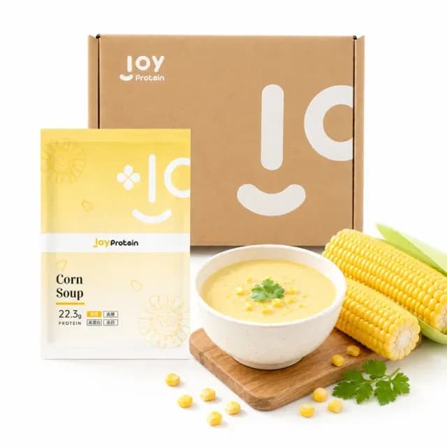 Joy Protein 玉米濃湯產品包裝與實物展示