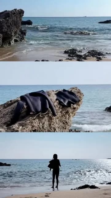 圖片展示了MONOCEAN的潛水裝備在海灘上的使用情境。