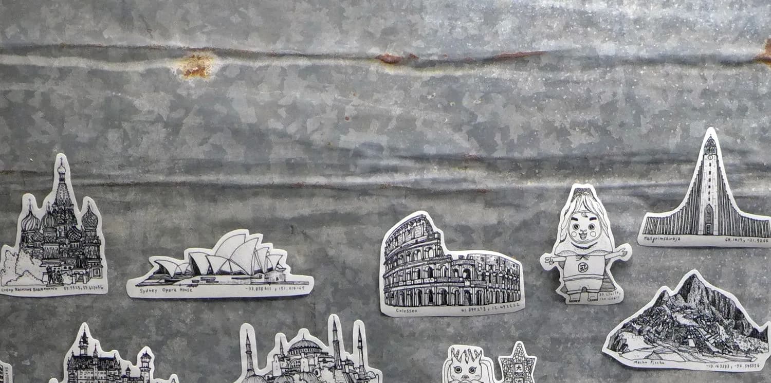 插畫小農的貼紙,展示多種建築物的插畫設計
